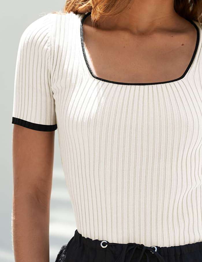 ZESICA Women's Short Sleeve Square Neck Color Block T Shirt 2026 Summer Slim Fit Ribbed Knit Basic Tee Tops - Image 4