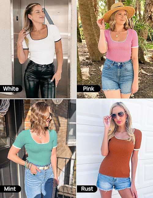 ZESICA Women's Short Sleeve Square Neck Color Block T Shirt 2026 Summer Slim Fit Ribbed Knit Basic Tee Tops - Image 5