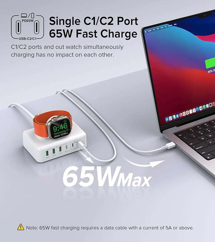 170W USB C Charging Station Block, Travel Charger for Multiple Devices, USB C Charger Plug for iPhone 17 16 15 14 13 Series, Apple Watch Ultra SE 10 9 8 7 6 5 4 3 2, AirPods, MacBook Pro Air, iPad - Image 5