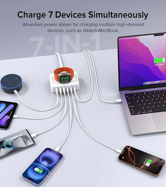 170W USB C Charging Station Block, Travel Charger for Multiple Devices, USB C Charger Plug for iPhone 17 16 15 14 13 Series, Apple Watch Ultra SE 10 9 8 7 6 5 4 3 2, AirPods, MacBook Pro Air, iPad - Image 6
