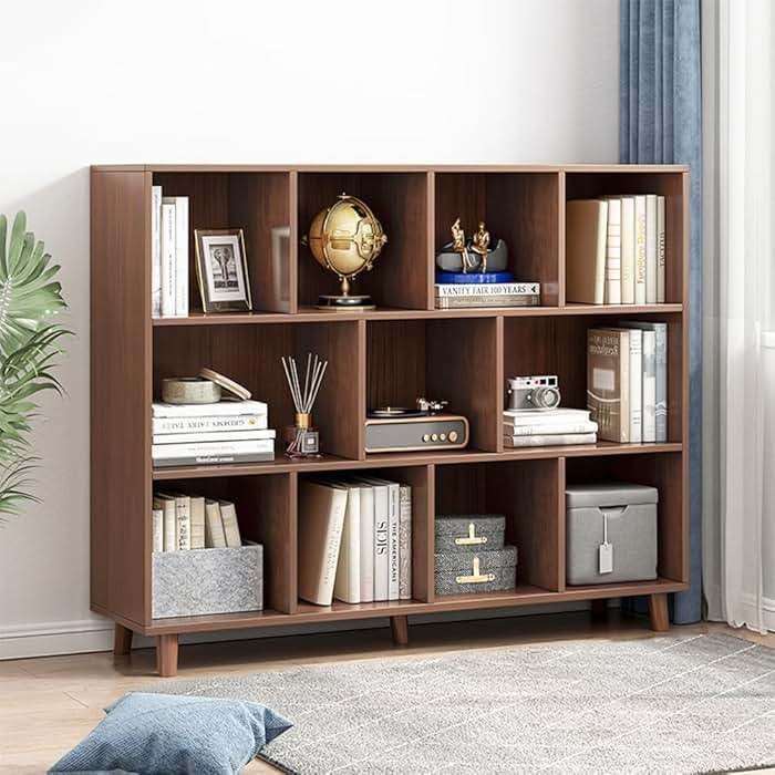 IOTXY Open Cube Low Bookcase - 3-Tier Freestanding Storage Display Cabinet Organizer with Legs for Home Office, 11-Cubes Open Shelf Short Bookshelf, Walnut - Image 1