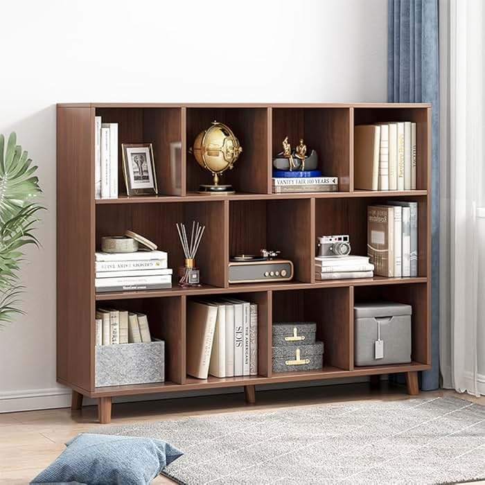 IOTXY Open Cube Low Bookcase - 3-Tier Freestanding Storage Display Cabinet Organizer with Legs for Home Office, 11-Cubes Open Shelf Short Bookshelf, Walnut - Product Image