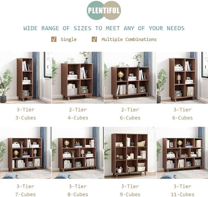 IOTXY Open Cube Low Bookcase - 3-Tier Freestanding Storage Display Cabinet Organizer with Legs for Home Office, 11-Cubes Open Shelf Short Bookshelf, Walnut - Image 4