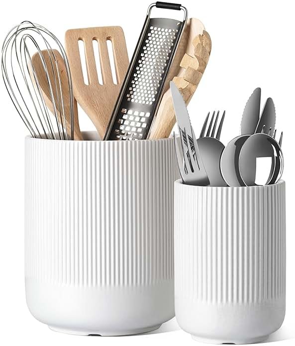 LE TAUCI Utensil Holder for Kitchen Counter, 7.3"+5.4" Fluted Ceramic Utensil Crock Organizer for Countertop, Heavy Large Holder for Spatulas, Spoons, Set of 2, White, Kitchen Counter Decor - Product Image