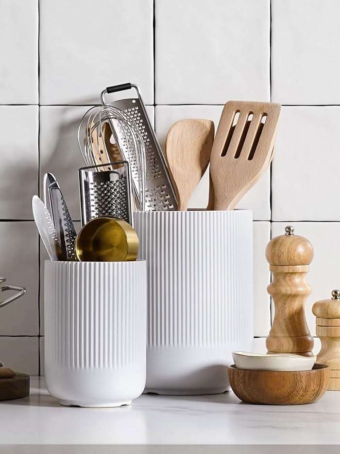 LE TAUCI Utensil Holder for Kitchen Counter, 7.3"+5.4" Fluted Ceramic Utensil Crock Organizer for Countertop, Heavy Large Holder for Spatulas, Spoons, Set of 2, White, Kitchen Counter Decor - Image 2