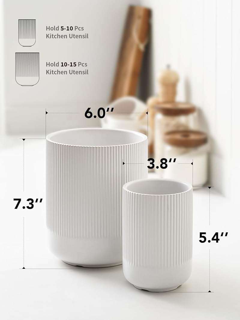LE TAUCI Utensil Holder for Kitchen Counter, 7.3"+5.4" Fluted Ceramic Utensil Crock Organizer for Countertop, Heavy Large Holder for Spatulas, Spoons, Set of 2, White, Kitchen Counter Decor - Image 3