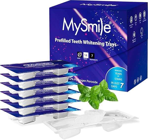 MySmile 7 Treatments Prefilled Teeth Whitening Trays Kit with 12% Hydrogen Peroxide Whiter Gel for Sensitive Tooth, Fast-Result Vegan Teeth Whitener U-Wraps Tooth Stain Remover, Mint Flavor - Image 1
