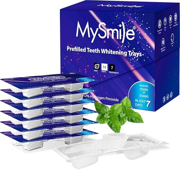 MySmile 7 Treatments Prefilled Teeth Whitening Trays Kit with 12% Hydrogen Peroxide Whiter Gel for Sensitive Tooth, Fast-Result Vegan Teeth Whitener U-Wraps Tooth Stain Remover, Mint Flavor - Product Image
