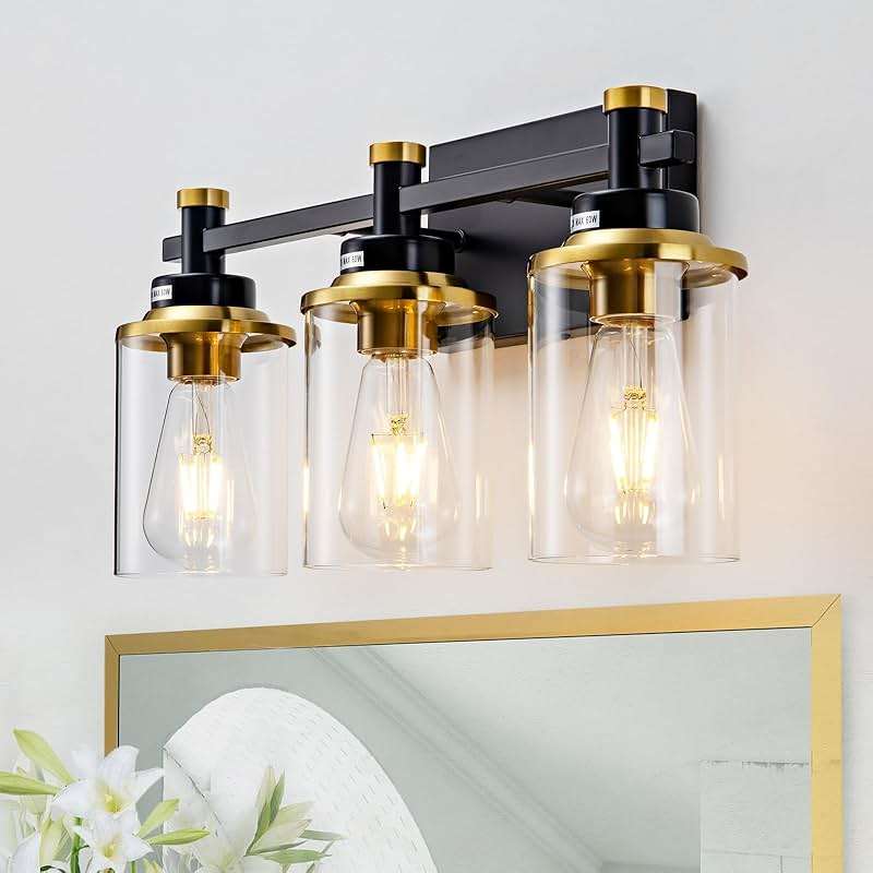 Aixialin 3 Light Bathroom Light Fixtures, Black and Brushed Gold Vanity Light Fixture Over Mirror, Modern Wall Sconces Lighting Wall Lamp for Bathroom, Bedroom, Hallway with Clear Glass Shade - Image 1