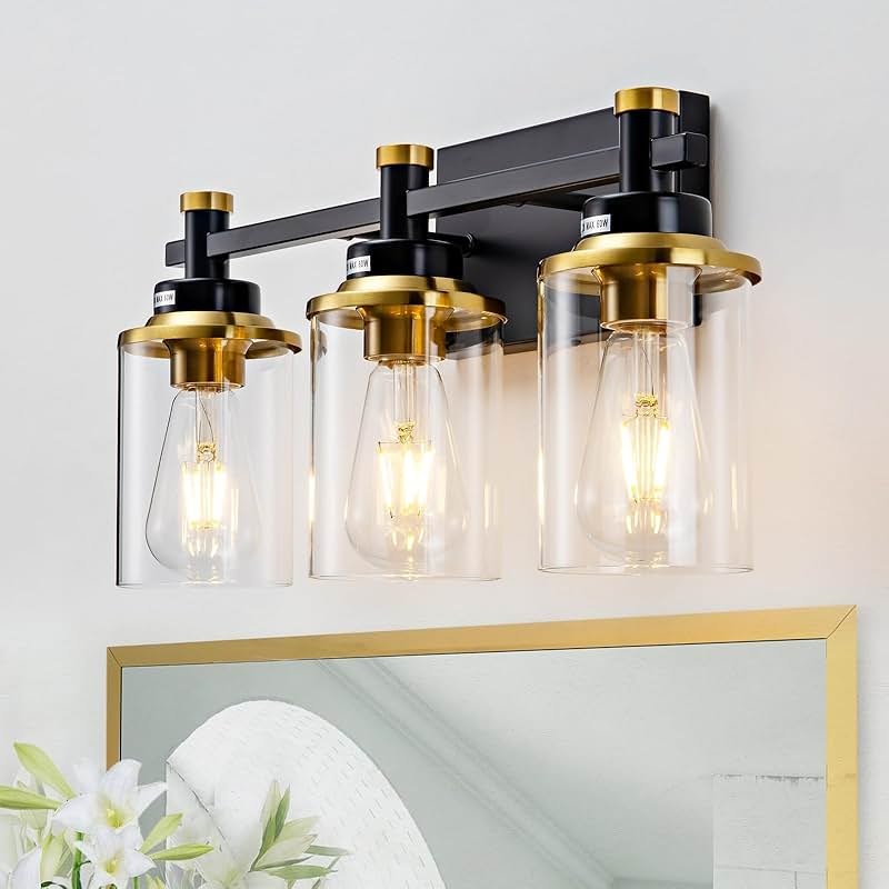 Aixialin 3 Light Bathroom Light Fixtures, Black and Brushed Gold Vanity Light Fixture Over Mirror, Modern Wall Sconces Lighting Wall Lamp for Bathroom, Bedroom, Hallway with Clear Glass Shade - Product Image