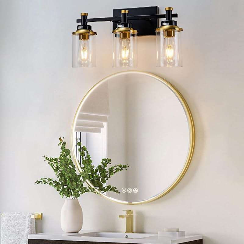 Aixialin 3 Light Bathroom Light Fixtures, Black and Brushed Gold Vanity Light Fixture Over Mirror, Modern Wall Sconces Lighting Wall Lamp for Bathroom, Bedroom, Hallway with Clear Glass Shade - Image 2