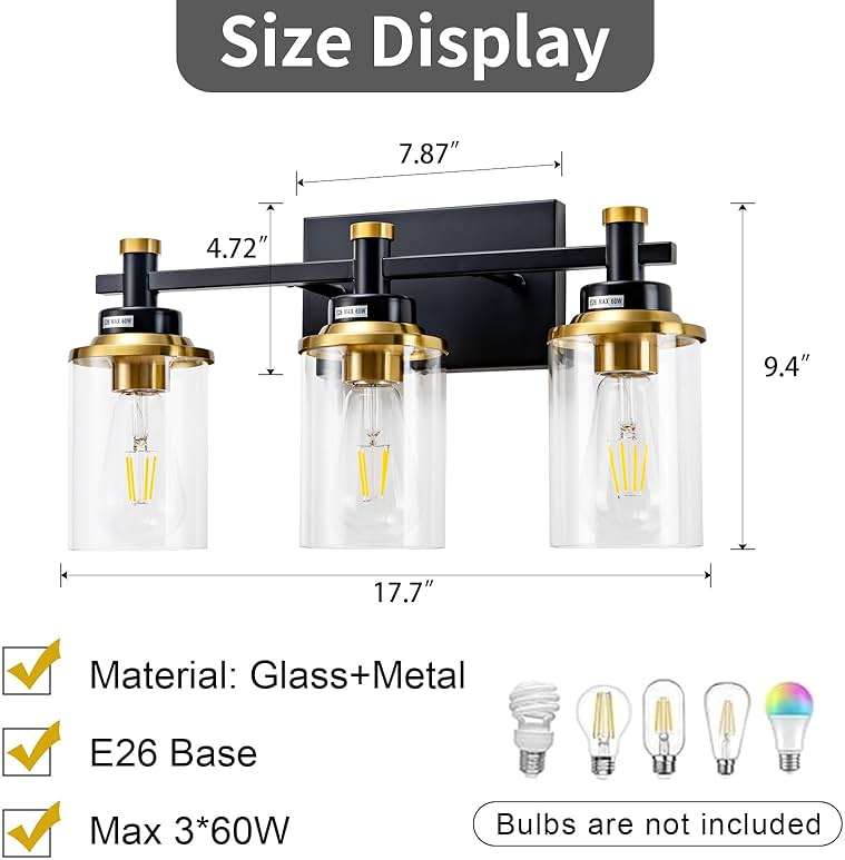 Aixialin 3 Light Bathroom Light Fixtures, Black and Brushed Gold Vanity Light Fixture Over Mirror, Modern Wall Sconces Lighting Wall Lamp for Bathroom, Bedroom, Hallway with Clear Glass Shade - Image 4