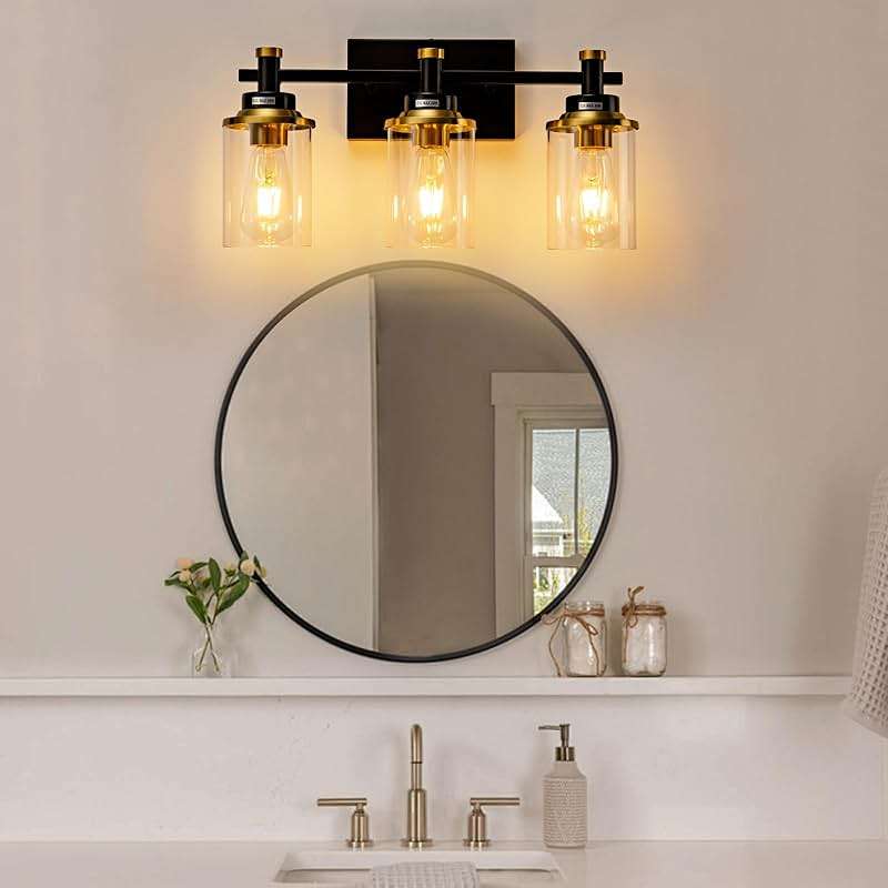 Aixialin 3 Light Bathroom Light Fixtures, Black and Brushed Gold Vanity Light Fixture Over Mirror, Modern Wall Sconces Lighting Wall Lamp for Bathroom, Bedroom, Hallway with Clear Glass Shade - Image 6