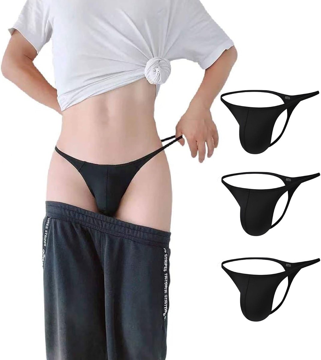 WOWSKY Mens Gstring Nylon Thongs Sexy Low Rise Bulge Pouch G-string 3 Pack - Product Image