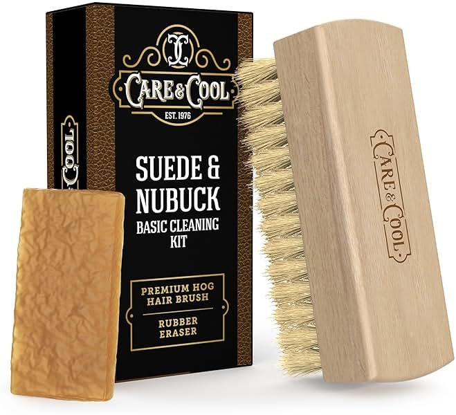 Care & Cool Suede and Nubuck Cleaning Premium 100% Hog Hair Brush 3.94"x1.38" and Rubber Eraser - Gentle Cleaning, Nap Restoration - Ideal for Suede, Nubuck, Velvet, Leather, Canvas, Knit - Product Image