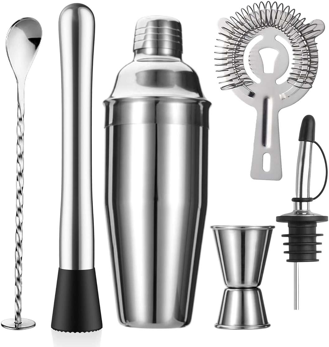 ZPUFAW 6-Piece Cocktail Shaker Set 24oz Shaker Strainer Muddler Jigger Mixing Spoon Pour Spout Bartender Kit Stainless Steel Bar Set Housewarming Gift - Image 1