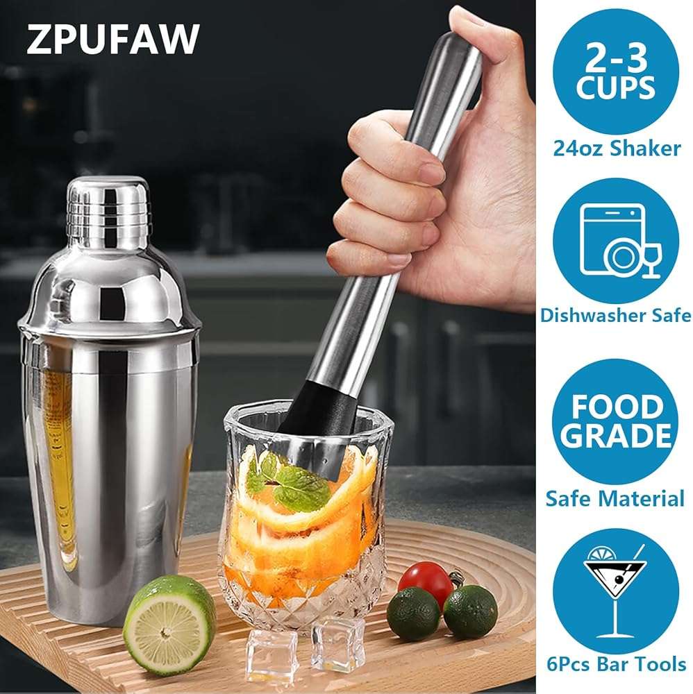 ZPUFAW 6-Piece Cocktail Shaker Set 24oz Shaker Strainer Muddler Jigger Mixing Spoon Pour Spout Bartender Kit Stainless Steel Bar Set Housewarming Gift - Image 3