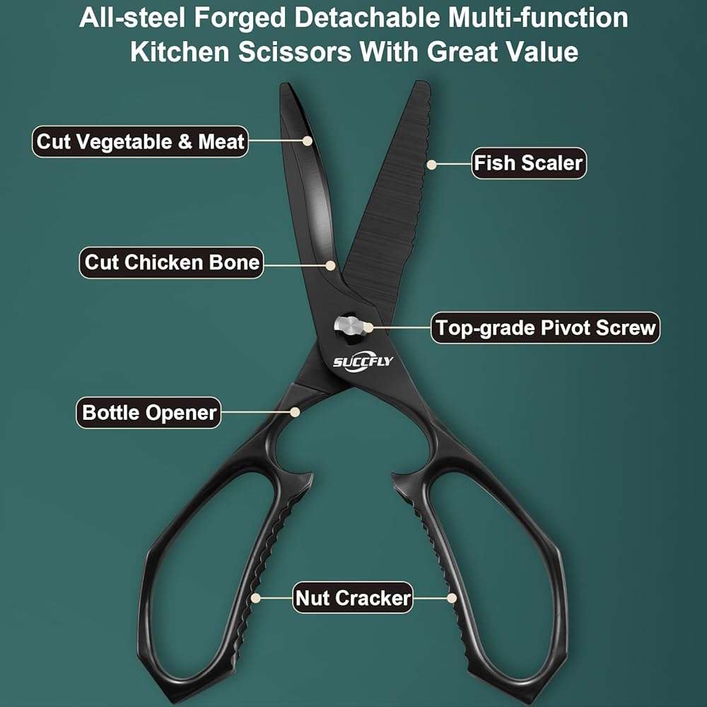 SUCCFLY Kitchen Scissors for Food,Premium Kitchen Shears Heavy Duty,8.8″Ultra Sharp Meat Scissors Detachable Blade,All Steel Poultry Shears Black Titanium Plated,Anti-Slip Cooking Scissor All Purpose - Image 2
