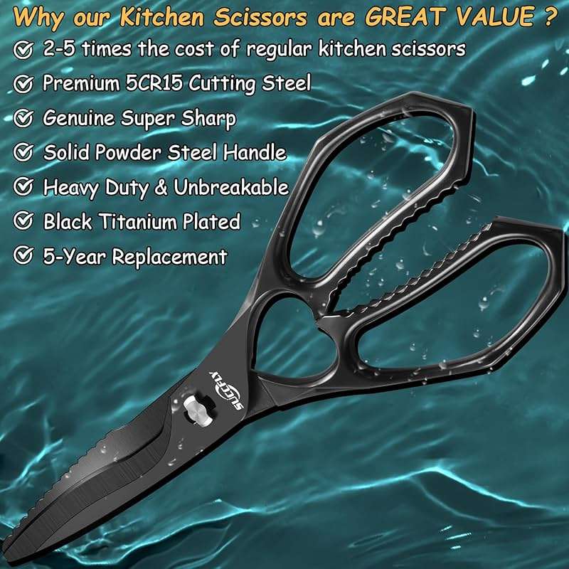 SUCCFLY Kitchen Scissors for Food,Premium Kitchen Shears Heavy Duty,8.8″Ultra Sharp Meat Scissors Detachable Blade,All Steel Poultry Shears Black Titanium Plated,Anti-Slip Cooking Scissor All Purpose - Image 5
