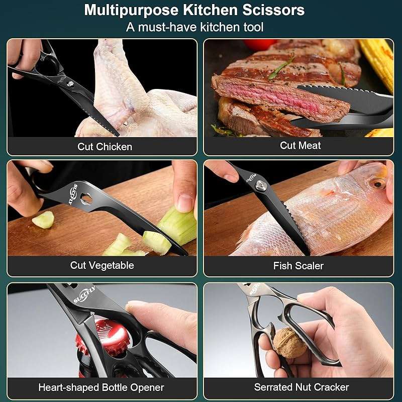 SUCCFLY Kitchen Scissors for Food,Premium Kitchen Shears Heavy Duty,8.8″Ultra Sharp Meat Scissors Detachable Blade,All Steel Poultry Shears Black Titanium Plated,Anti-Slip Cooking Scissor All Purpose - Image 6