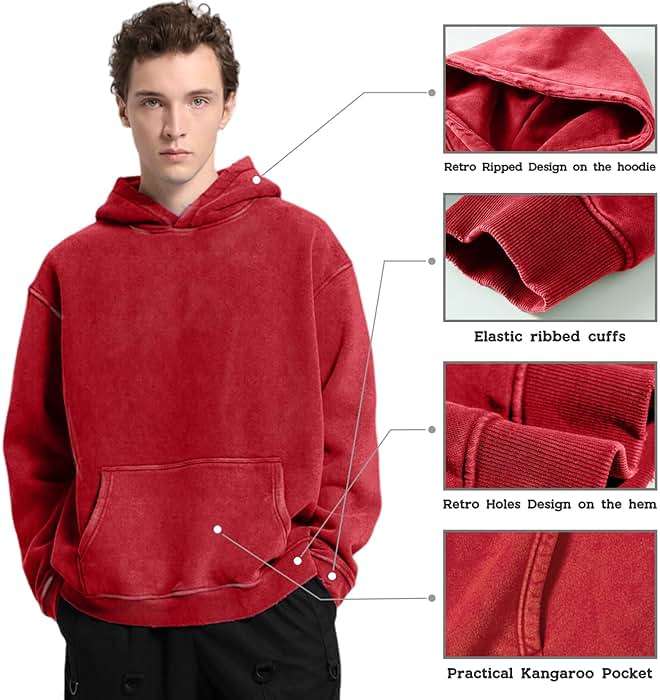 Dnzzs Men's Oversized Acid Wash Hoodies Heavyweight Cotton Fleece Sweatshirt Loose Fit Fall Winter Casual Streetwear Pullover - Image 2