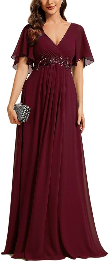 Ever-Pretty Women's Chiffon V-Neck Mother of Bride Dresses A-Line Ruched Short Sleeves Appliques Bridesmaid Dress Formal Gown - Product Image