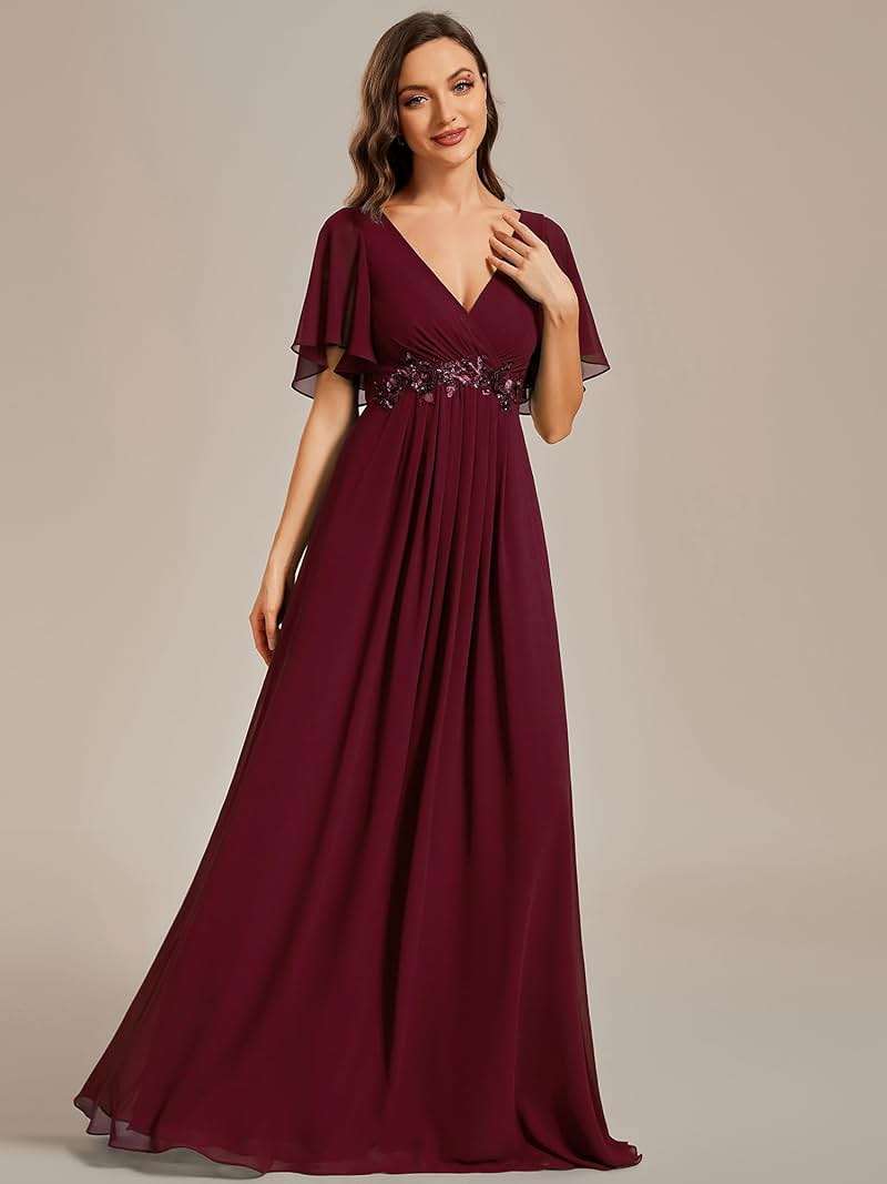 Ever-Pretty Women's Chiffon V-Neck Mother of Bride Dresses A-Line Ruched Short Sleeves Appliques Bridesmaid Dress Formal Gown - Image 3