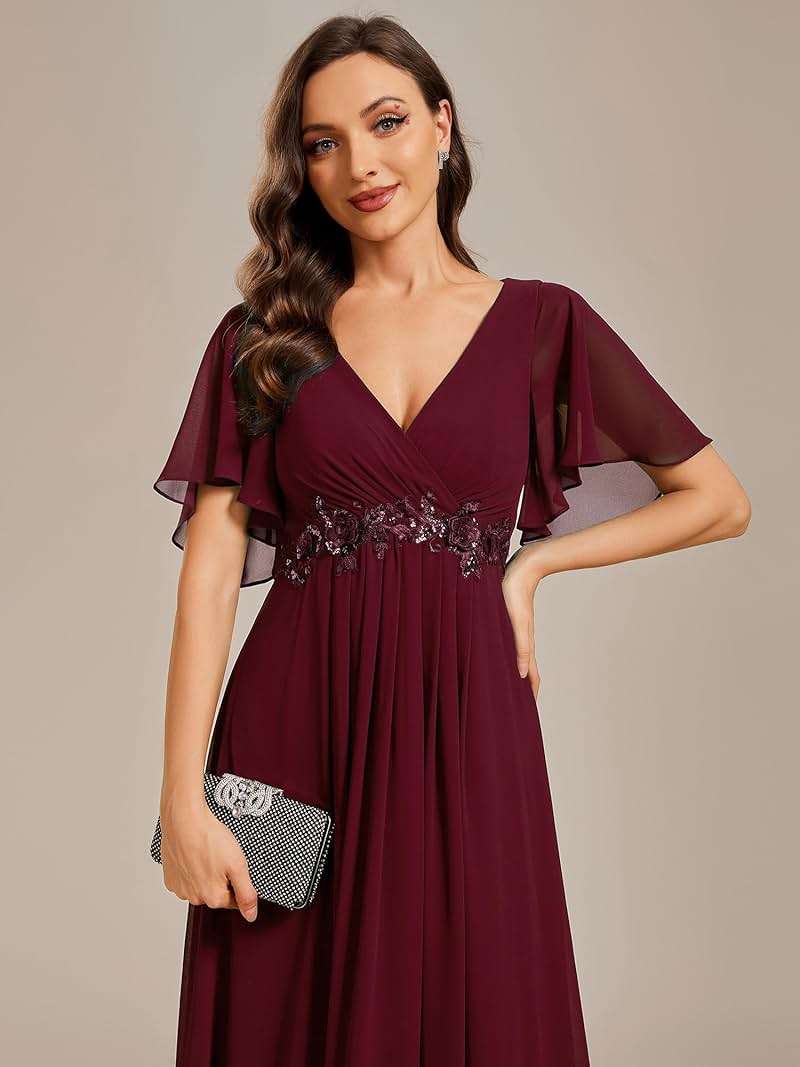 Ever-Pretty Women's Chiffon V-Neck Mother of Bride Dresses A-Line Ruched Short Sleeves Appliques Bridesmaid Dress Formal Gown - Image 5