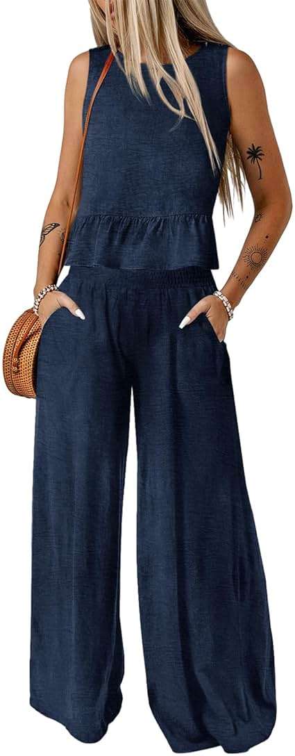 Dokotoo Pants Sets Women 2 Piece Outfits Sleeveless Round Neck Tank Tops Matching Sets for Women Elastic Waist Wide Leg - Image 1