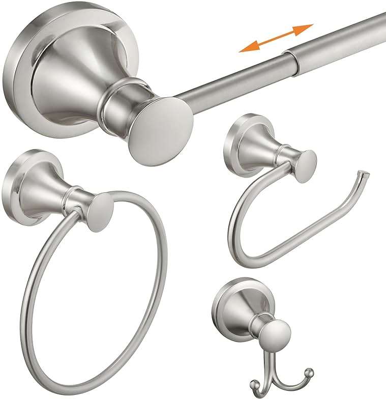 Hoimpro Brushed Nickel 4-Piece Bathroom Bath Set, Wall Mount Bathroom Hardware Fixture (Adjustable Towel Bar Rack, Towel Ring Holder, Paper Towel Holder, Double Towel Hook), Bathroom Accessories - Image 1