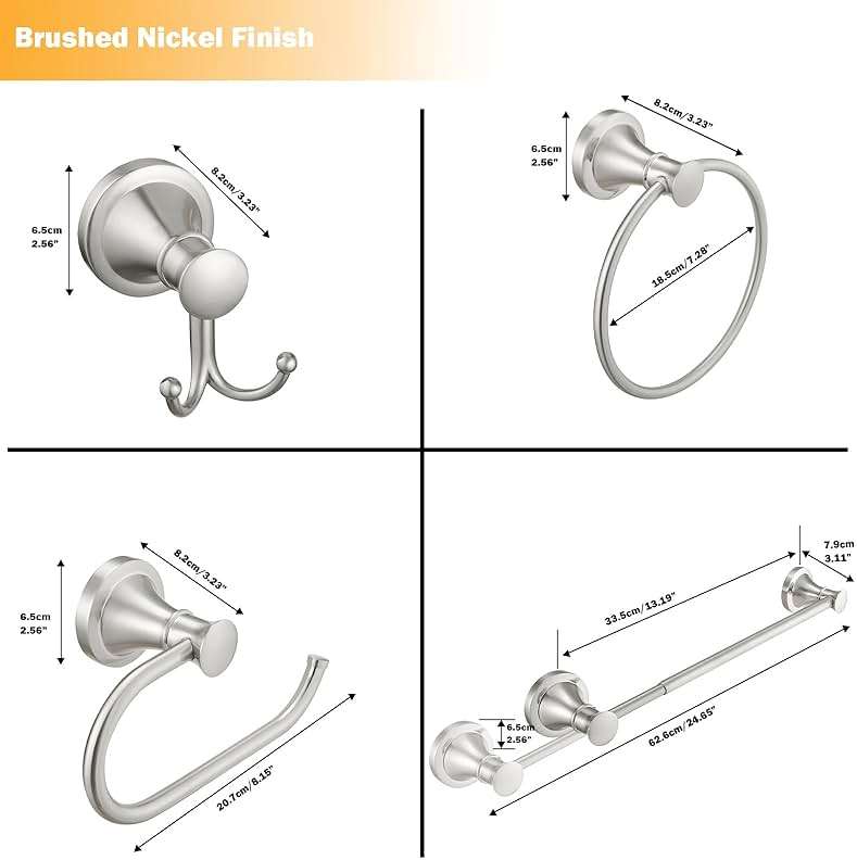 Hoimpro Brushed Nickel 4-Piece Bathroom Bath Set, Wall Mount Bathroom Hardware Fixture (Adjustable Towel Bar Rack, Towel Ring Holder, Paper Towel Holder, Double Towel Hook), Bathroom Accessories - Image 2