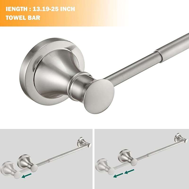 Hoimpro Brushed Nickel 4-Piece Bathroom Bath Set, Wall Mount Bathroom Hardware Fixture (Adjustable Towel Bar Rack, Towel Ring Holder, Paper Towel Holder, Double Towel Hook), Bathroom Accessories - Image 3