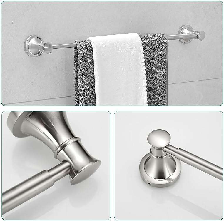 Hoimpro Brushed Nickel 4-Piece Bathroom Bath Set, Wall Mount Bathroom Hardware Fixture (Adjustable Towel Bar Rack, Towel Ring Holder, Paper Towel Holder, Double Towel Hook), Bathroom Accessories - Image 4