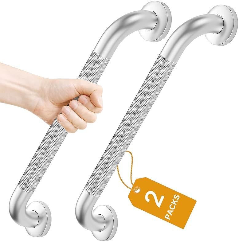 FANHAO 2 Pack Shower Grab Bar, 16 Inch Stainless Steel Bathroom Grab Bar with Anti-Slip Knurled Grip, Heavy Duty Shower Handle Bath Handle, Safety Bars for Elderly or Handicapped (Brushed) - Product Image