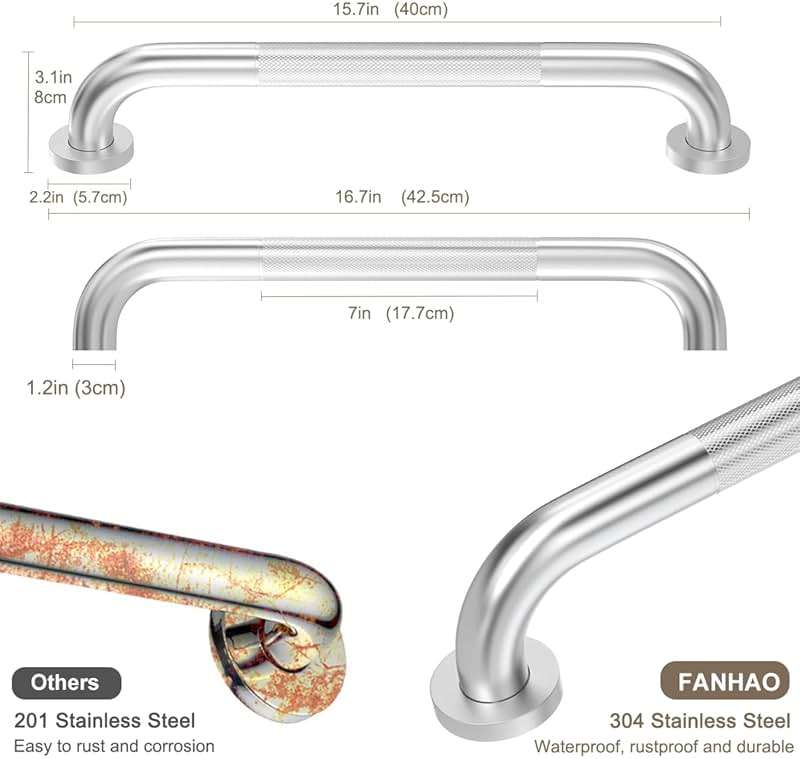 FANHAO 2 Pack Shower Grab Bar, 16 Inch Stainless Steel Bathroom Grab Bar with Anti-Slip Knurled Grip, Heavy Duty Shower Handle Bath Handle, Safety Bars for Elderly or Handicapped (Brushed) - Image 3