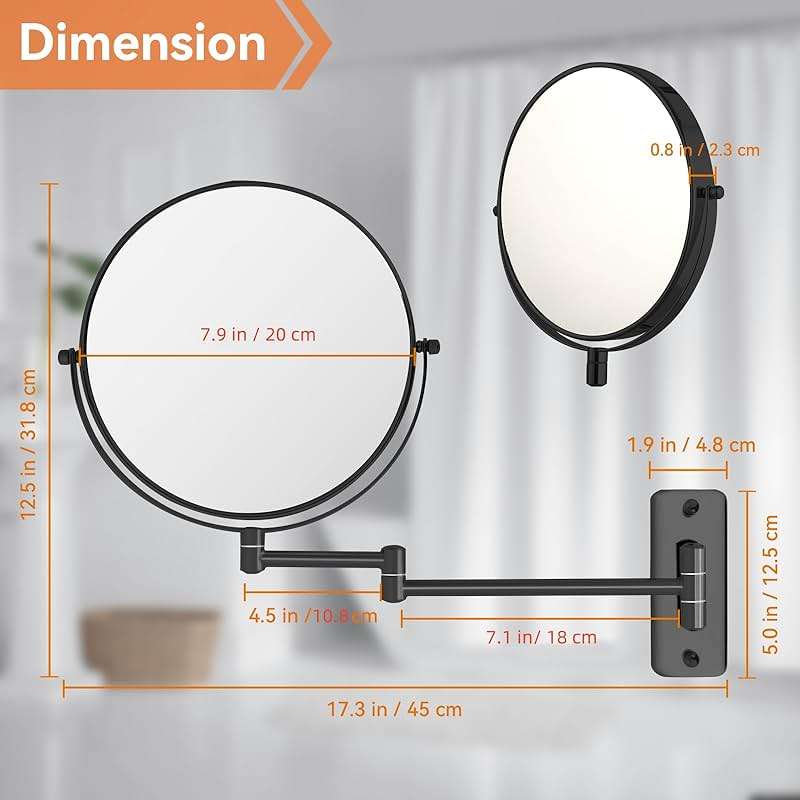 AumVum 8” Makeup Mirror Wall Mounted, 1X/10X Double-Sided Wall Mount Magnifying Bathroom Mirror with Folding Extendable Arm, 360° Swivel Vanity Shaving Mirror for Bathroom and Makeup, Black (No Light - Image 3