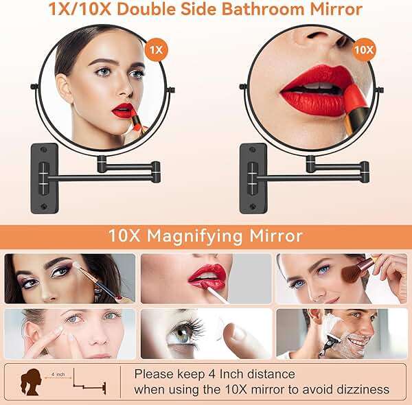 AumVum 8” Makeup Mirror Wall Mounted, 1X/10X Double-Sided Wall Mount Magnifying Bathroom Mirror with Folding Extendable Arm, 360° Swivel Vanity Shaving Mirror for Bathroom and Makeup, Black (No Light - Image 4