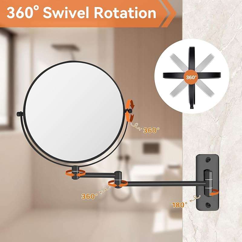 AumVum 8” Makeup Mirror Wall Mounted, 1X/10X Double-Sided Wall Mount Magnifying Bathroom Mirror with Folding Extendable Arm, 360° Swivel Vanity Shaving Mirror for Bathroom and Makeup, Black (No Light - Image 5