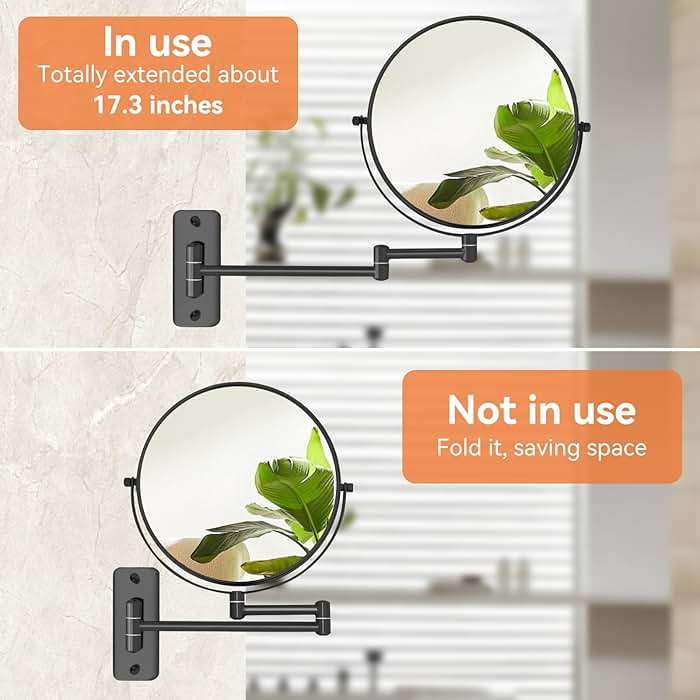 AumVum 8” Makeup Mirror Wall Mounted, 1X/10X Double-Sided Wall Mount Magnifying Bathroom Mirror with Folding Extendable Arm, 360° Swivel Vanity Shaving Mirror for Bathroom and Makeup, Black (No Light - Image 6