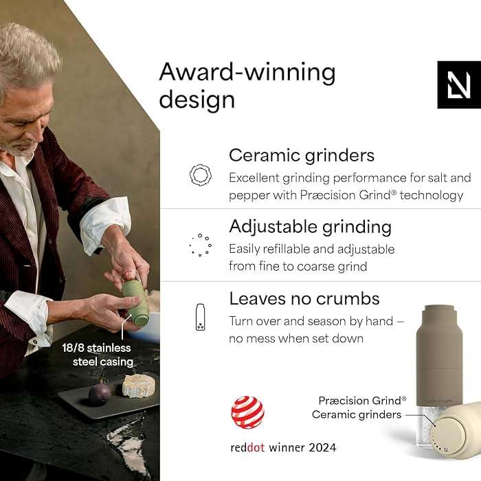 LARS NYSØM Salt and Pepper Grinder Set, Stainless Steel Manual Salt and Pepper Mills, Adjustable Ceramic Grinder, Design Spice Shakers (Brown/Beige) - Image 2