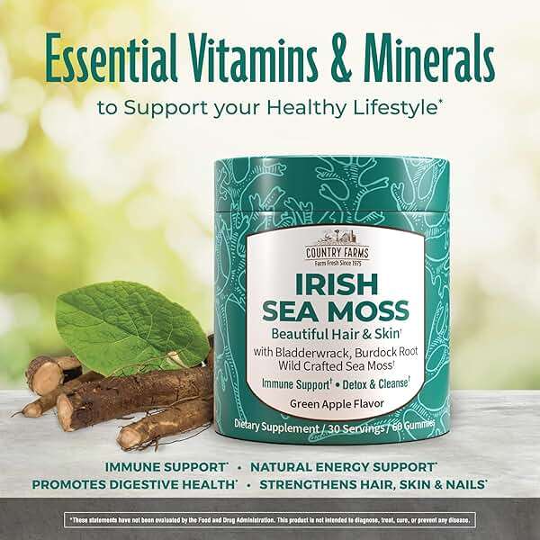 COUNTRY FARMS Irish Sea Moss Gummies, 2000mg Irish Moss, Burdock Root, Bladderwrack for Immune Support, Promotes Digestive Health, Skin and Hair Support, Pectin Based, Vegan, Gluten Free, Green Apple - Image 3
