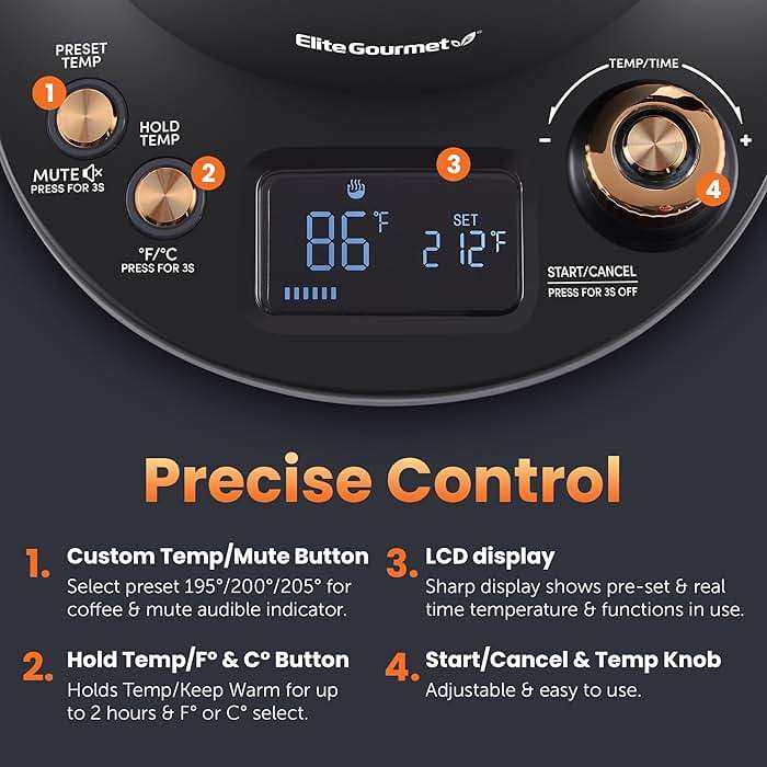 Elite Gourmet EKT3001 1L Digital Water Kettle, 304 Stainless Steel Interior, Programmed Temperatures, Keep Warm Function, Cordless, 360° Base, Auto Off & Audible Indicator, Matte Black - Image 3