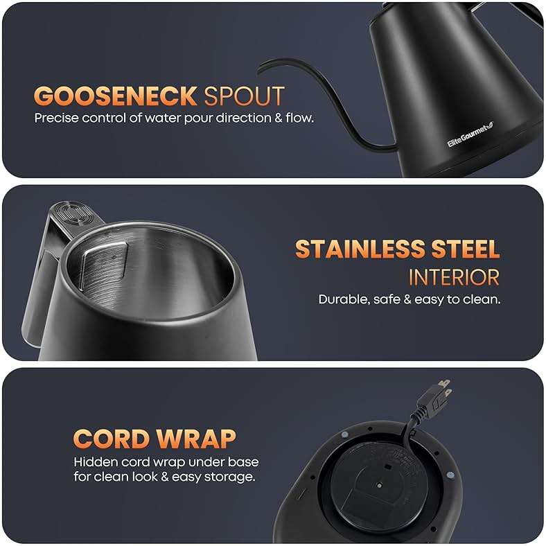 Elite Gourmet EKT3001 1L Digital Water Kettle, 304 Stainless Steel Interior, Programmed Temperatures, Keep Warm Function, Cordless, 360° Base, Auto Off & Audible Indicator, Matte Black - Image 5