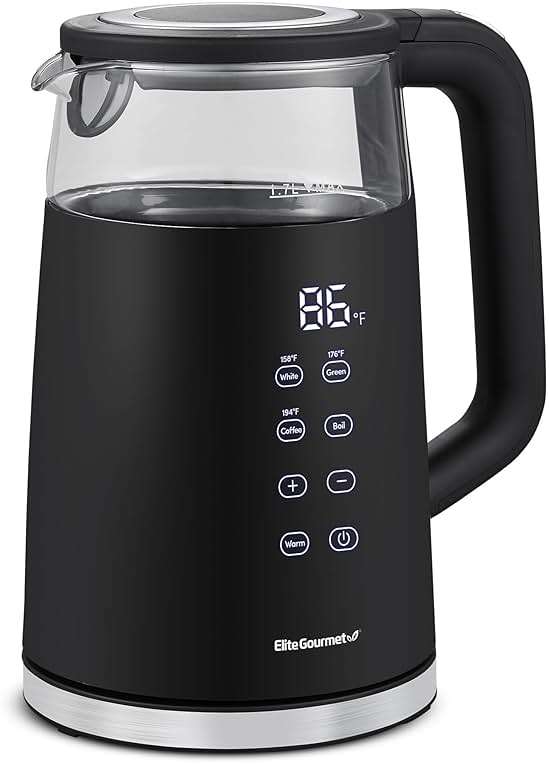Elite Gourmet 1.7L Dual Wall Cool Touch Electric Tea Kettle, Borosilicate Glass, 304 Stainless Steel Interior, Programmed Digital Touchscreen, Keep Warm, Auto Off & Audible Indicator, Black - Image 1