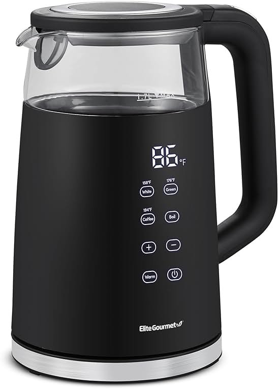 Elite Gourmet 1.7L Dual Wall Cool Touch Electric Tea Kettle, Borosilicate Glass, 304 Stainless Steel Interior, Programmed Digital Touchscreen, Keep Warm, Auto Off & Audible Indicator, Black - Product Image
