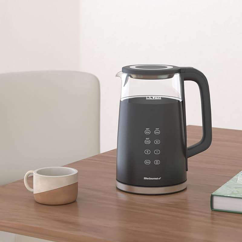 Elite Gourmet 1.7L Dual Wall Cool Touch Electric Tea Kettle, Borosilicate Glass, 304 Stainless Steel Interior, Programmed Digital Touchscreen, Keep Warm, Auto Off & Audible Indicator, Black - Image 2