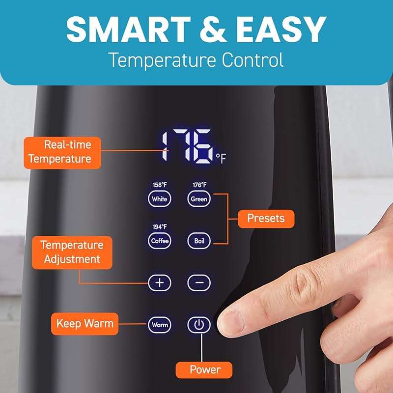 Elite Gourmet 1.7L Dual Wall Cool Touch Electric Tea Kettle, Borosilicate Glass, 304 Stainless Steel Interior, Programmed Digital Touchscreen, Keep Warm, Auto Off & Audible Indicator, Black - Image 7