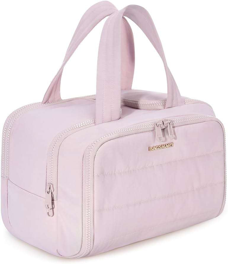 BAGSMART Travel Toiletry Bag, Crush Toiletry Bag for Women, Wide-open Puffy Toiletry Bags for Traveling, Large Travel Cosmetic Makeup Bag Organizer for Accessories,Toiletrie, Pink - Image 1