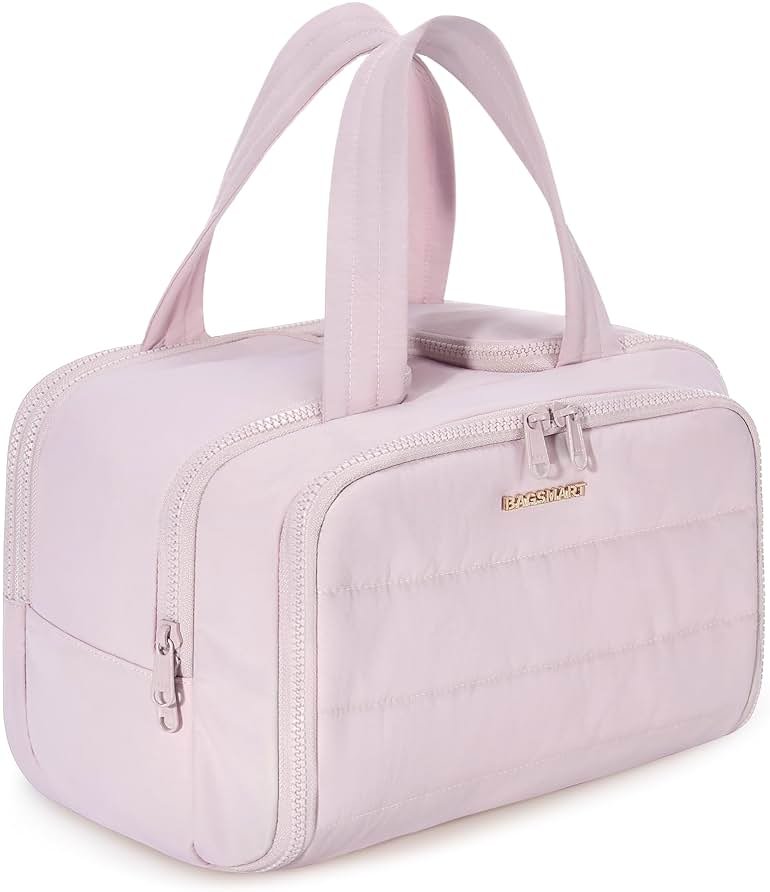 BAGSMART Travel Toiletry Bag, Crush Toiletry Bag for Women, Wide-open Puffy Toiletry Bags for Traveling, Large Travel Cosmetic Makeup Bag Organizer for Accessories,Toiletrie, Pink - Product Image