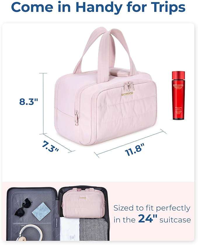 BAGSMART Travel Toiletry Bag, Crush Toiletry Bag for Women, Wide-open Puffy Toiletry Bags for Traveling, Large Travel Cosmetic Makeup Bag Organizer for Accessories,Toiletrie, Pink - Image 2